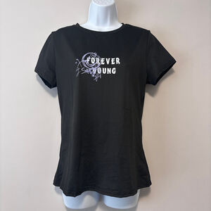 Shein Women's Size Large Black Short Sleeve Graphic Tee - "Forever Young" NIB